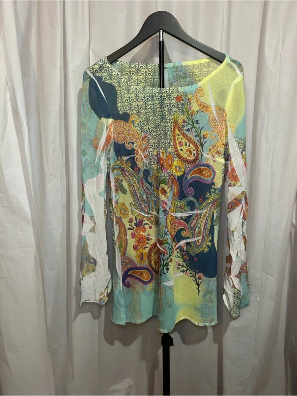 Women’s Paisley Sheer Long-Sleeve Top - Multicolor with Bell Sleeves Size M